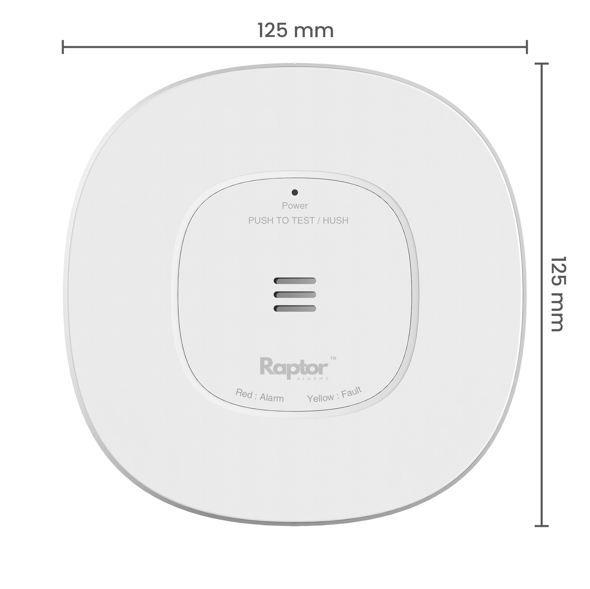 Raptor smoke alarm front with dimensions